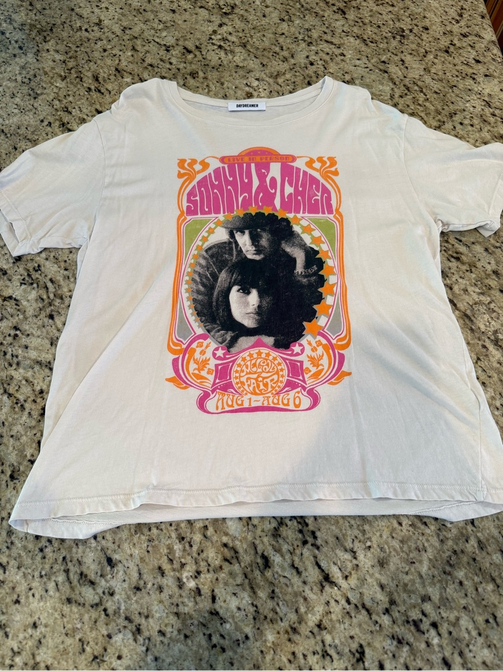 Daydreamer White Tee with Pink & Orange Retro Band Graphic